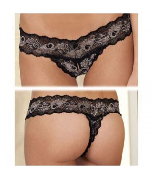 Crotchless Lace V Thong Black