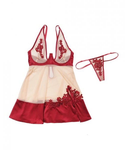 Nylon, Satin Babydoll Underwire & G-String Red Nude